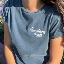 Load image into Gallery viewer, This stunning stone-washed ladies tee is made from 100% combed cotton, ultra-comfortable, hand-dyed, making each tee unique. It combines premium quality with environmental consciousness. Its design features include a curved hem and rolled sleeves.
