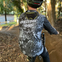 Load image into Gallery viewer, Australian made black camo long sleeve MTB Jersey. Tear resistant, stain resistant, super comfortable and environmentally friendly made from recycled plastic
