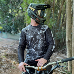 Australian made black camo long sleeve MTB Jersey. Tear resistant, stain resistant, super comfortable and environmentally friendly made from recycled plastic