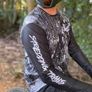 Australian made black camo long sleeve MTB Jersey. Tear resistant, stain resistant, super comfortable and environmentally friendly made from recycled plastic