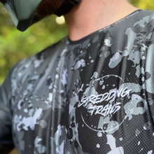 Load image into Gallery viewer, Australian made black camo long sleeve MTB Jersey. Tear resistant, stain resistant, super comfortable and environmentally friendly made from recycled plastic
